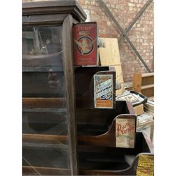 Early 20th stained pine and glazed wall mounting cigarette shop display cabinet, fitted with six sliding drawers with divisions and scalloped handles  - THIS LOT IS TO BE COLLECTED BY APPOINTMENT FROM THE OLD BUFFER DEPOT, MELBOURNE PLACE, SOWERBY, THIRSK, YO7 1QY