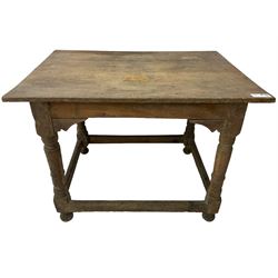 18th century oak joined table, rectangular pegged plank top on turned supports united by plain stretchers