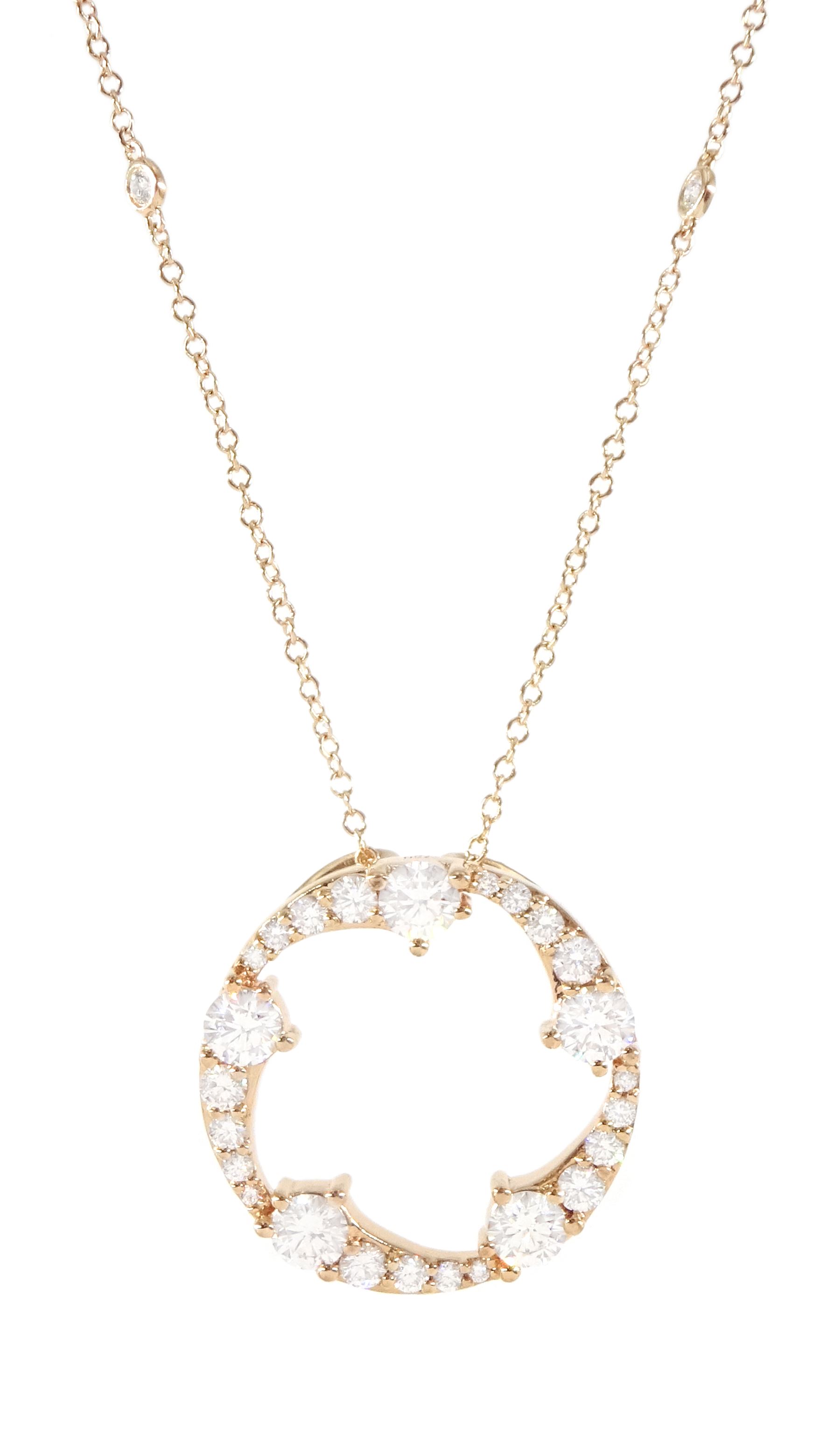 Berry's 'OPEIA' 18ct rose gold round brilliant cut diamond large circular pendant, stamped 750, on 18ct rose gold rubover set nine stone round brilliant cut diamond chain necklace, London 2021, total diamond weight approx 2.15 carat