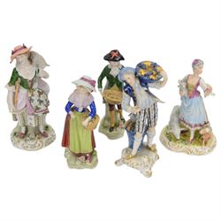 Sitzendorf figure modelled as a shepherdess, together with pair of apple sellers and other...