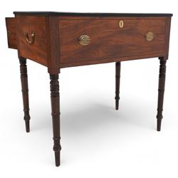 Georgian mahogany side table, rectangular reeded top over two small drawers and flanking cupboards, false drawer to the opposing side, fitted with carrying handles, on ring turned supports