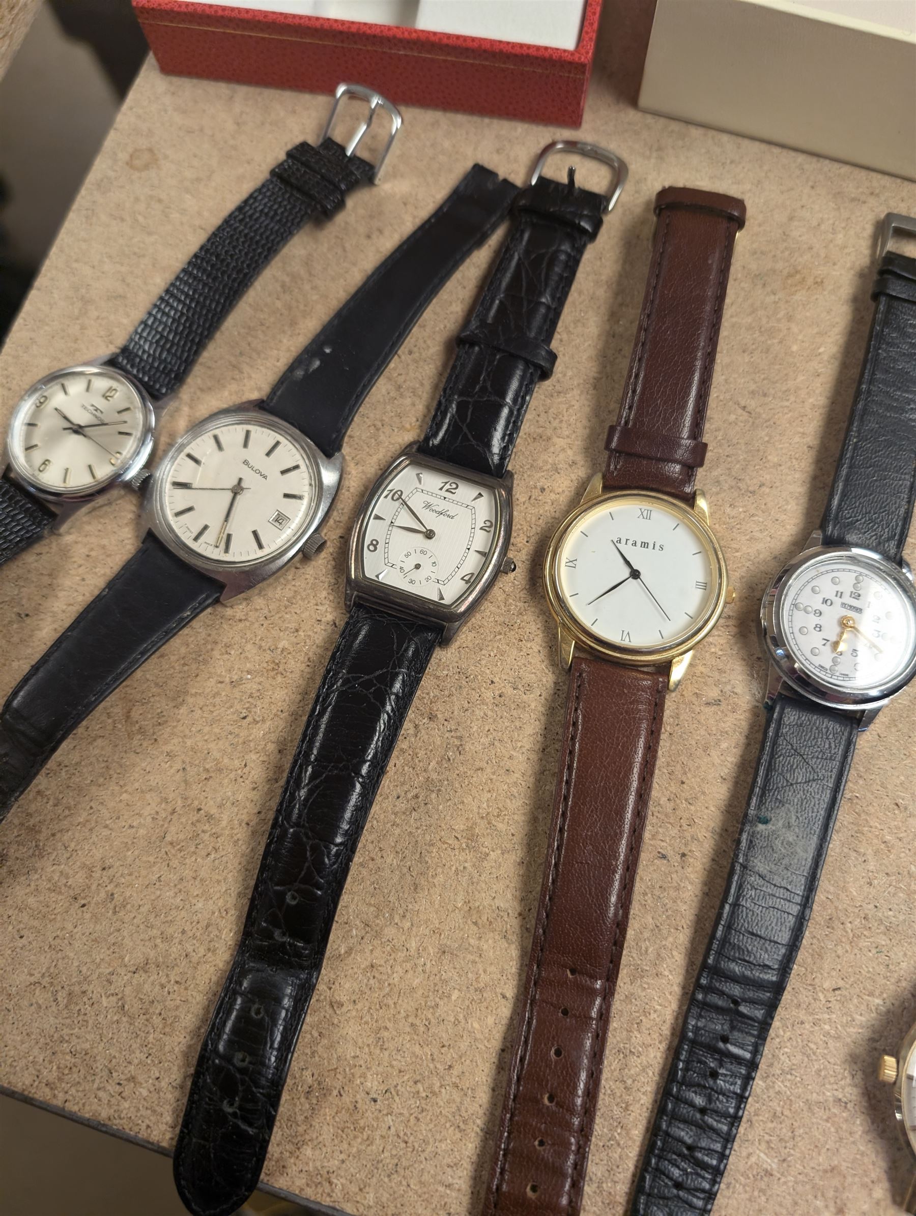 Collection of manual wristwatches including Tissot Seastar, Mappin automatic, HY. Moser braille Waterford silver quartz, Bulova, Tissot quartz, Technos, Sekonda, Avia etc, silver Victorian coin, watch straps etc 