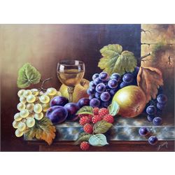 John F Smith (British 1934-): Fruit and Wine Glass, oil on board signed 29cm x 40cm 
Note...