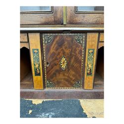 Early 19th century mahogany bureau bookcase, the projecting cornice over two Gothic-style astragal glazed doors enclosing two adjustable shelves, sloped hinged lid enclosing fitted interior and felt inset, four graduating drawers, on bracket feet