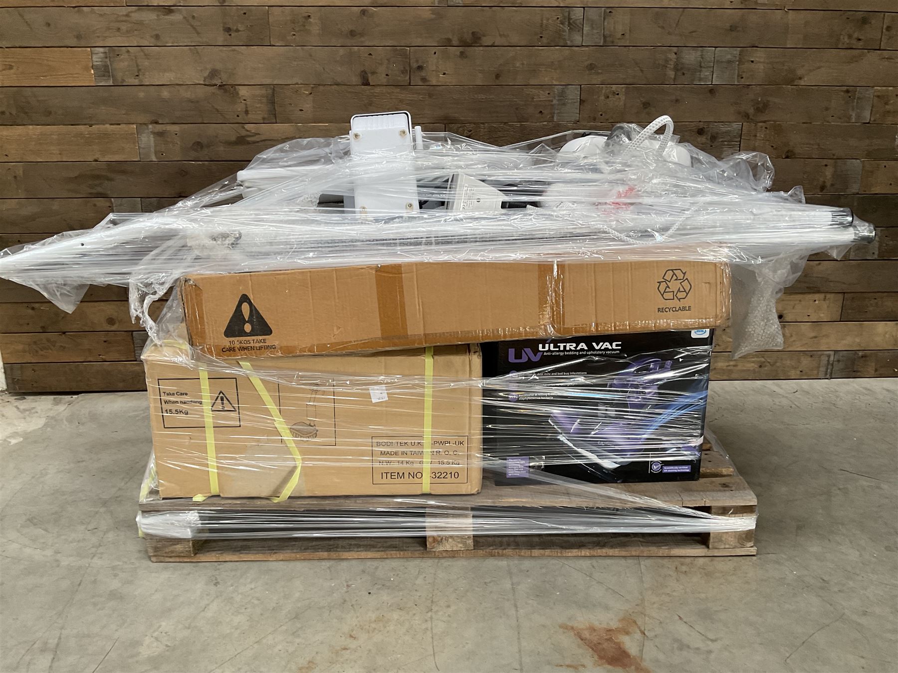 Four pallets of domestic goods to include, cleaning equipment, vacuums, exercise equipment, cooking items, Brother printer, garden loungers, irons and more… approx. 60 items