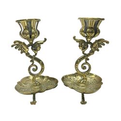 Pair of Victorian brass candlesticks by Adolf Frankau & Co, each with pierced sconce upon a scrolling stem with winged mask decoration, the lobed drip pan embossed with masks and upon three scrolling feet, stamped with maker's mark beneath, H18cm