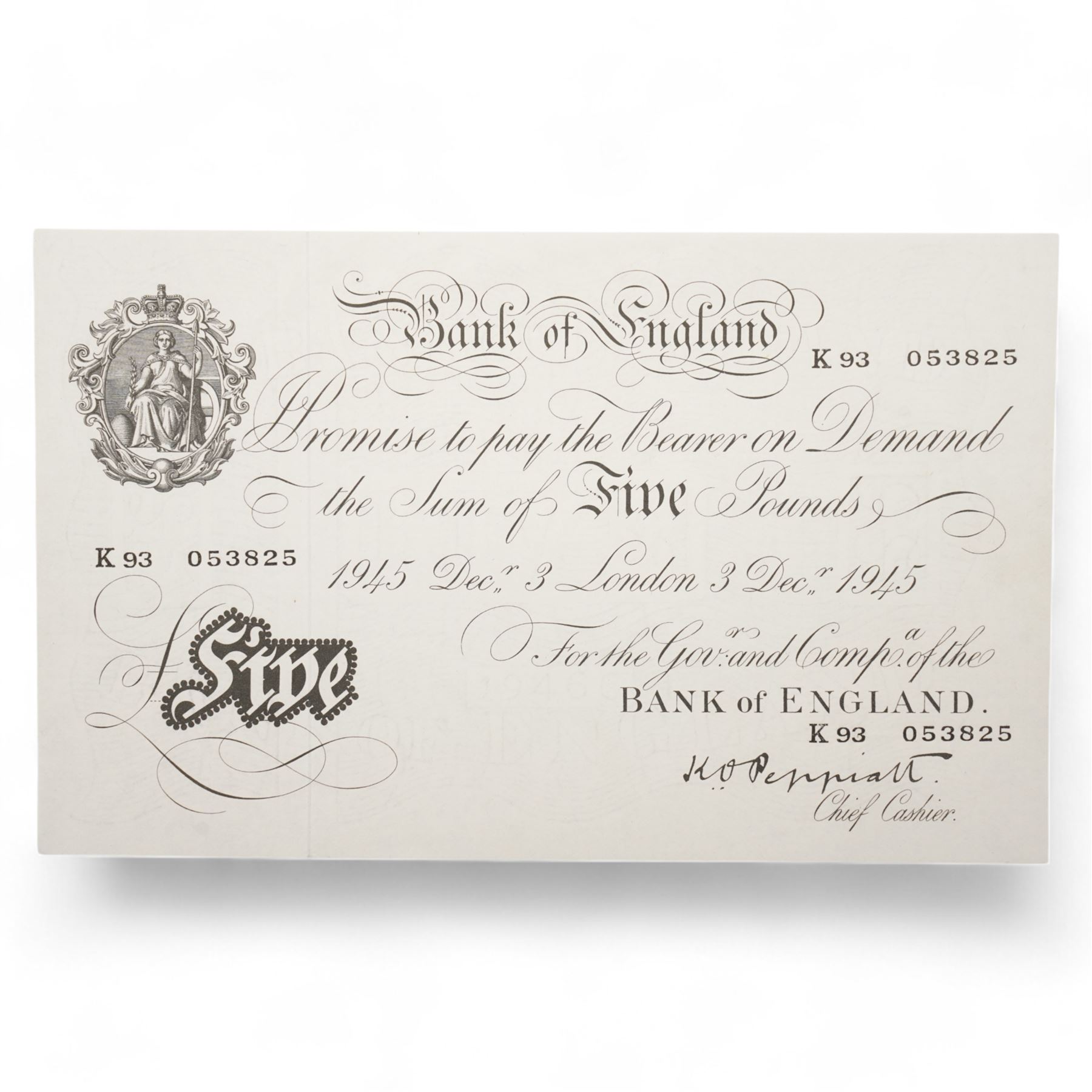 Bank of England Peppiatt white five pound note 'K93' London 3rd December 1945