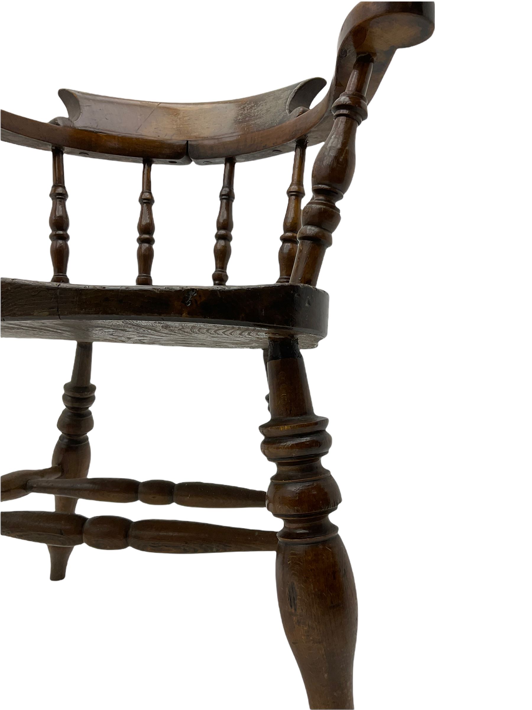 19th century beech and elm smoker's bow armchair, spindle back, turned supports joined by double H stretcher 