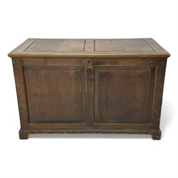 19th century pine blanket chest, double panelled hinged lid over panelled front and sides, on bracket feet