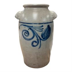 19th century twin handled stoneware jar, of baluster form, decorated with stylised flowers, H27cm