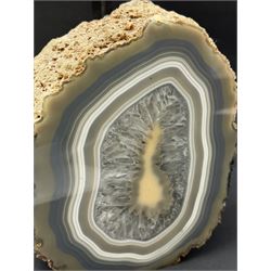 Polished agate geode with blue and white tones, with rough edges, H20cm