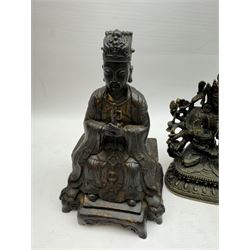 Chinese bronzed figure of Wenchang Wang (Wendi), with traces of gilt, together with Small brass Guanyin figure, largest H23cm