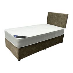 Single size divan bed, upholstered in light gold fabric with high padded headboard; with Beauty Sleep 'Knightsbridge' 13.5 Gauge Bonnell sprung mattress (190 x 95 x 23cm)