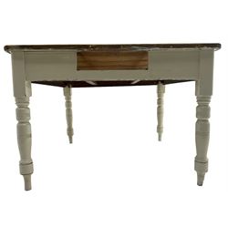 Victorian painted pine kitchen table, polished top on painted base, turned supports