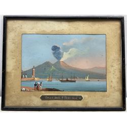 Neapolitan School (Mid 19th century): 'Vesuvius Erupting 9th Febuary 1850' seen from the Riviera di Chiaia Beach Tower over the Bay of Naples, set of three gouaches night and day with American Paddle steamer in the foreground, unsigned titled and dated 16cm x 23cm (3)