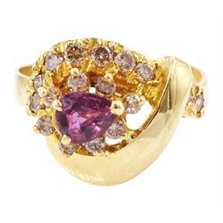 18ct gold pear cut ruby and round brilliant cut fancy light brown diamond crossover ring, hallmarked