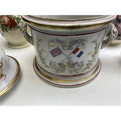 For repair/restoration: 19th century Crimean commemorative tobacco jar and cover, together with an 18th century creamware jug, and a Meissen style chocolate pot and cream jug (4)