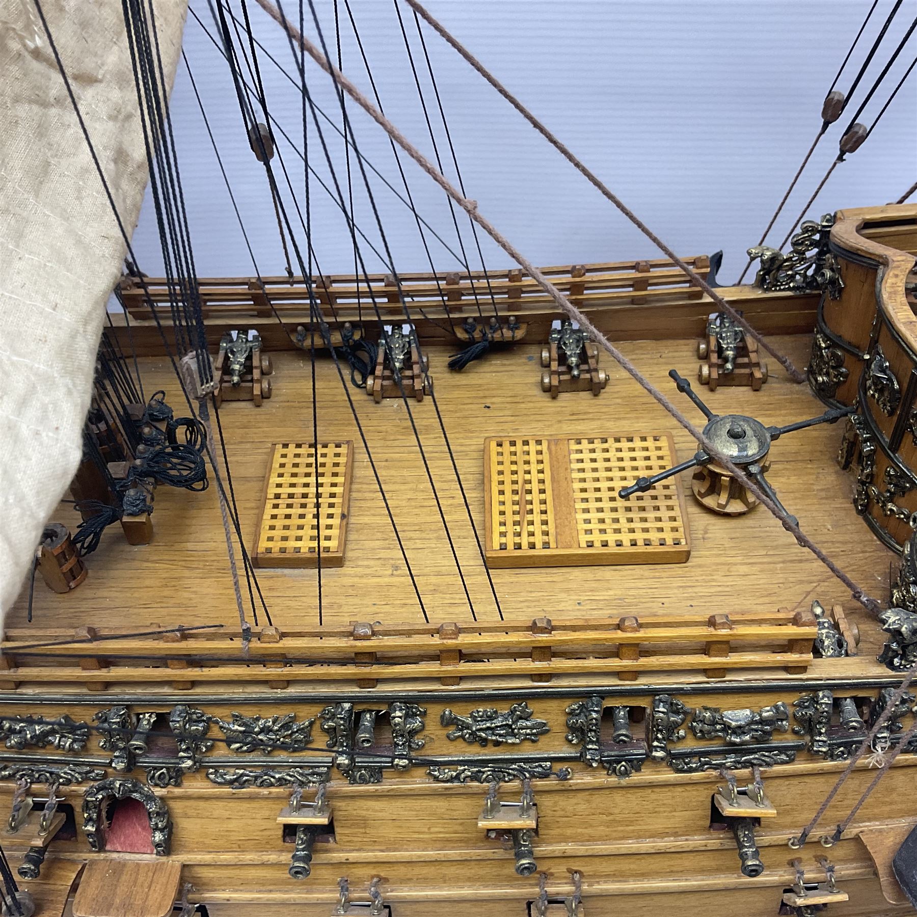 Large kit built scale model of 17th century Royal Navy warship 'HMS Sovereign of the Seas', upon wooden stand with engraved name plaque, H91cm, W111cm