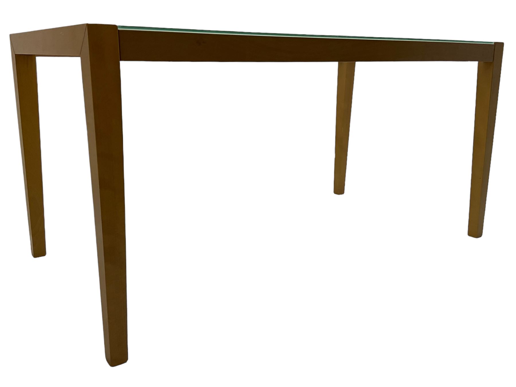 Contemporary beech framed dining table, rectangular frosted glass top on beech frame, square tapering supports