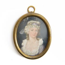 George III portrait miniature upon ivory, head and shoulder portrait of a young woman in l...