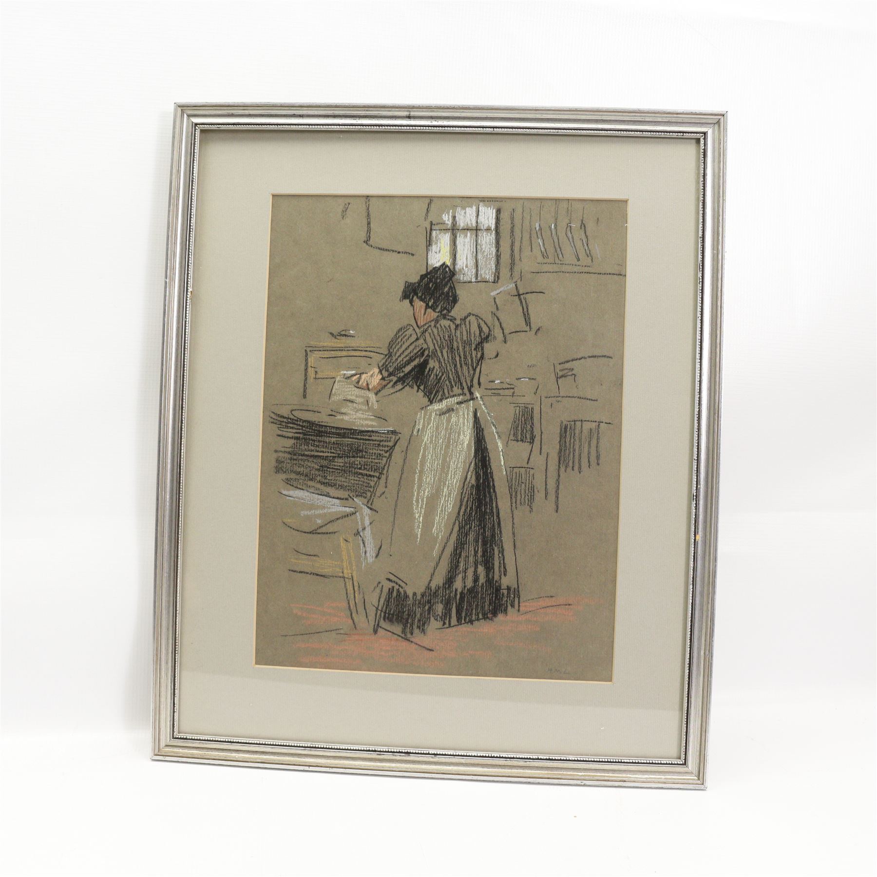 Horace Mann Livens (British 1862-1936): Lady Working in the Kitchen, pastel signed with initials 35cm x 26cm 