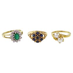 Three 9ct gold rings including two stone cultured pearl, blue stone and a green and white paste stone cluster, all hallmarked