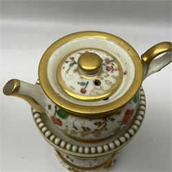 Two 19th century continental teapots and warmers, each teapot upon a cylindrical warming base, hand printed with floral sprigs, birds and insects, largest H22cm 