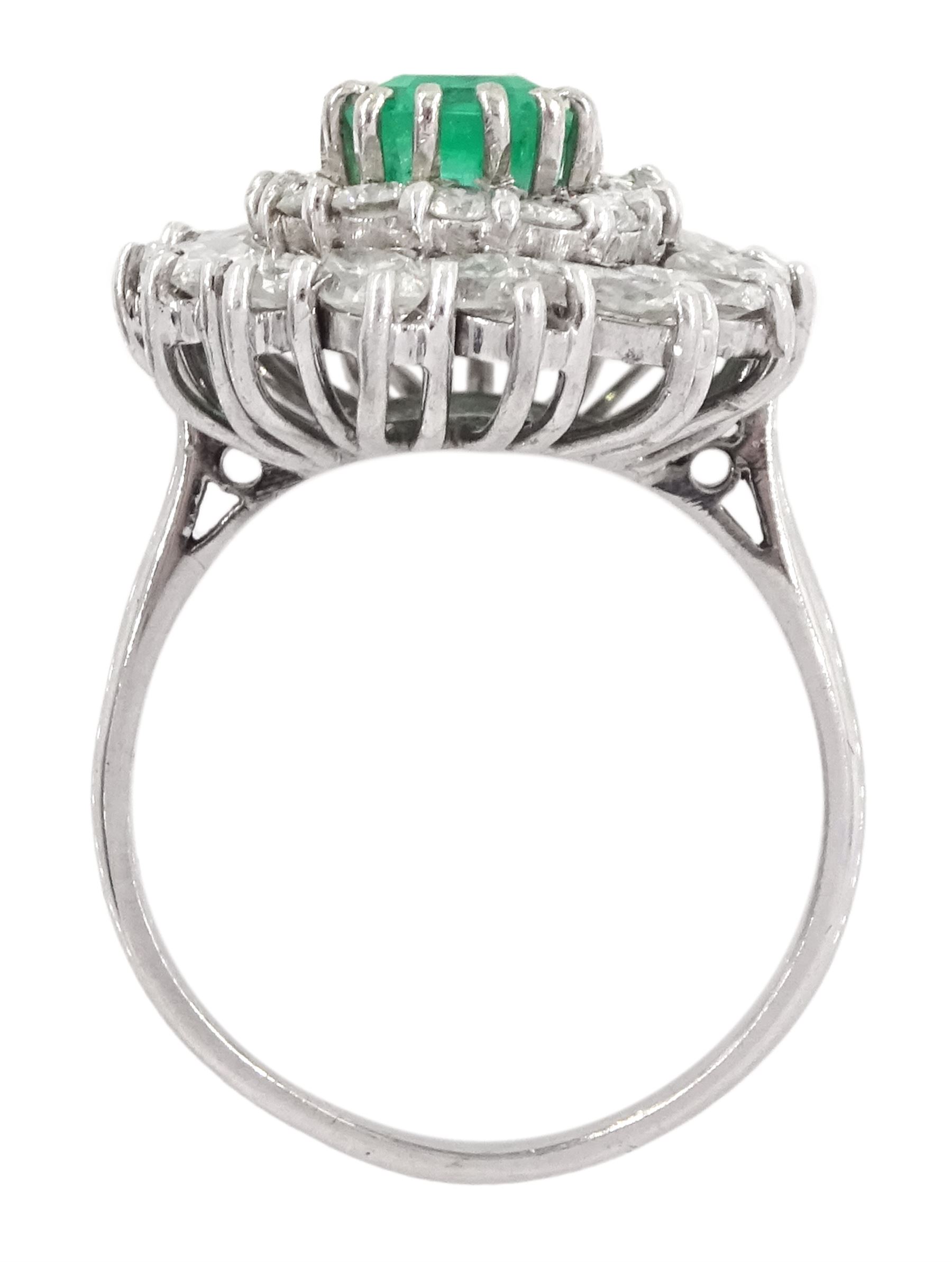 18ct white gold octagonal cut emerald, round brilliant and marquise cut diamond cluster ring, emerald approx 1.95 carat, total diamond weight approx 2.65 carat