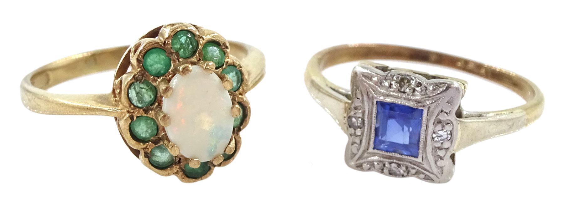 Early 20th century gold sapphire and diamond chip ring, stamped 9ct & Plat and a 9ct gold opal and emerald cluster ring, hallmarked