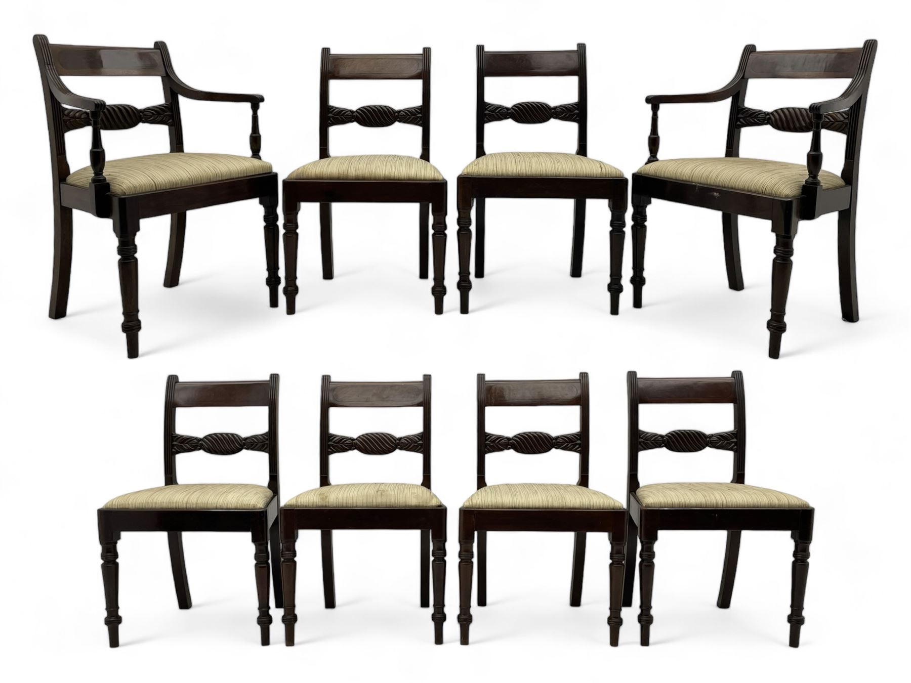 Georgian design set of six (6+2) mahogany dining chairs, the bar cresting rail inlaid with figured mahogany panel, shaped twist lobe carved middle rail with extending stylised leaf decoration, upholstered drop-in seat, on turned front supports 