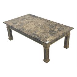 Rectangular coffee table, variegated marble top, on square supports with block feet 