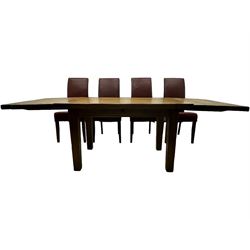 Oak dining table, rectangular plank with two extension leaves at each end, central drawer with brass handle, supported by square legs (L131cm - 233cm, D80cm, H76cm); four high-back dining chairs, the chairs upholstered in dark brown leatherette with stitched detailing, on square tapering legs (H108cm)