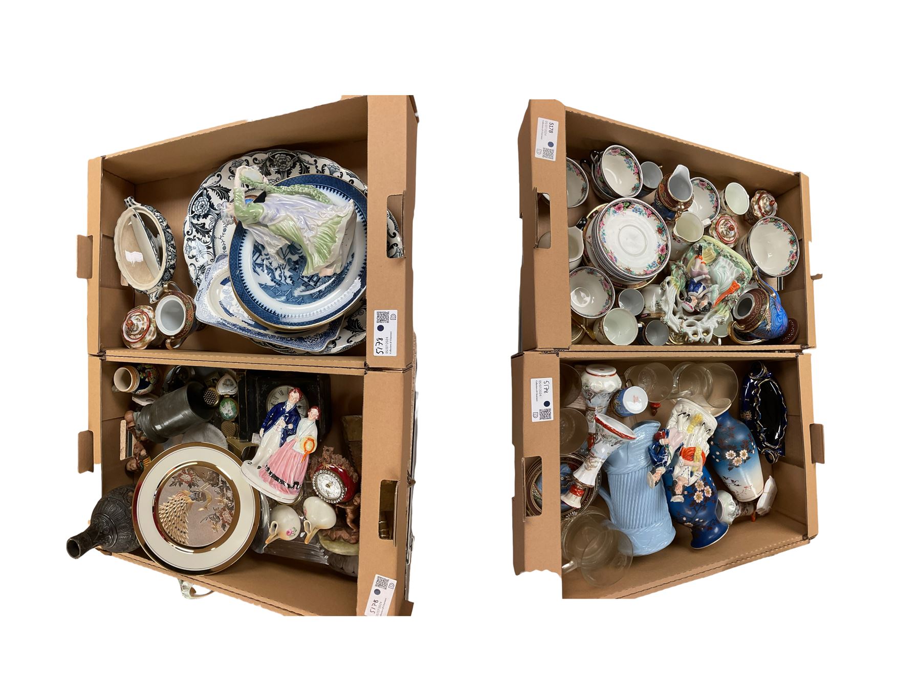 Staffordshire pottery figures, together with teaware and other ceramics, in four boxes 