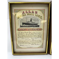 Four late 19th century/early 20th century passage broker certificates, for shipping lines including Allan Royal Mail Line, Beaver Line of Passenger Steamers, Shaw Savill & Albion Co Ltd and The New Zealand Shipping Company Limited, all within glazed wooden frames, largest H38cm