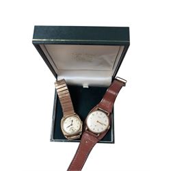 Two 9ct gold cased wristwatches, to include Vertex Revue presentation wristwatch on leathe...