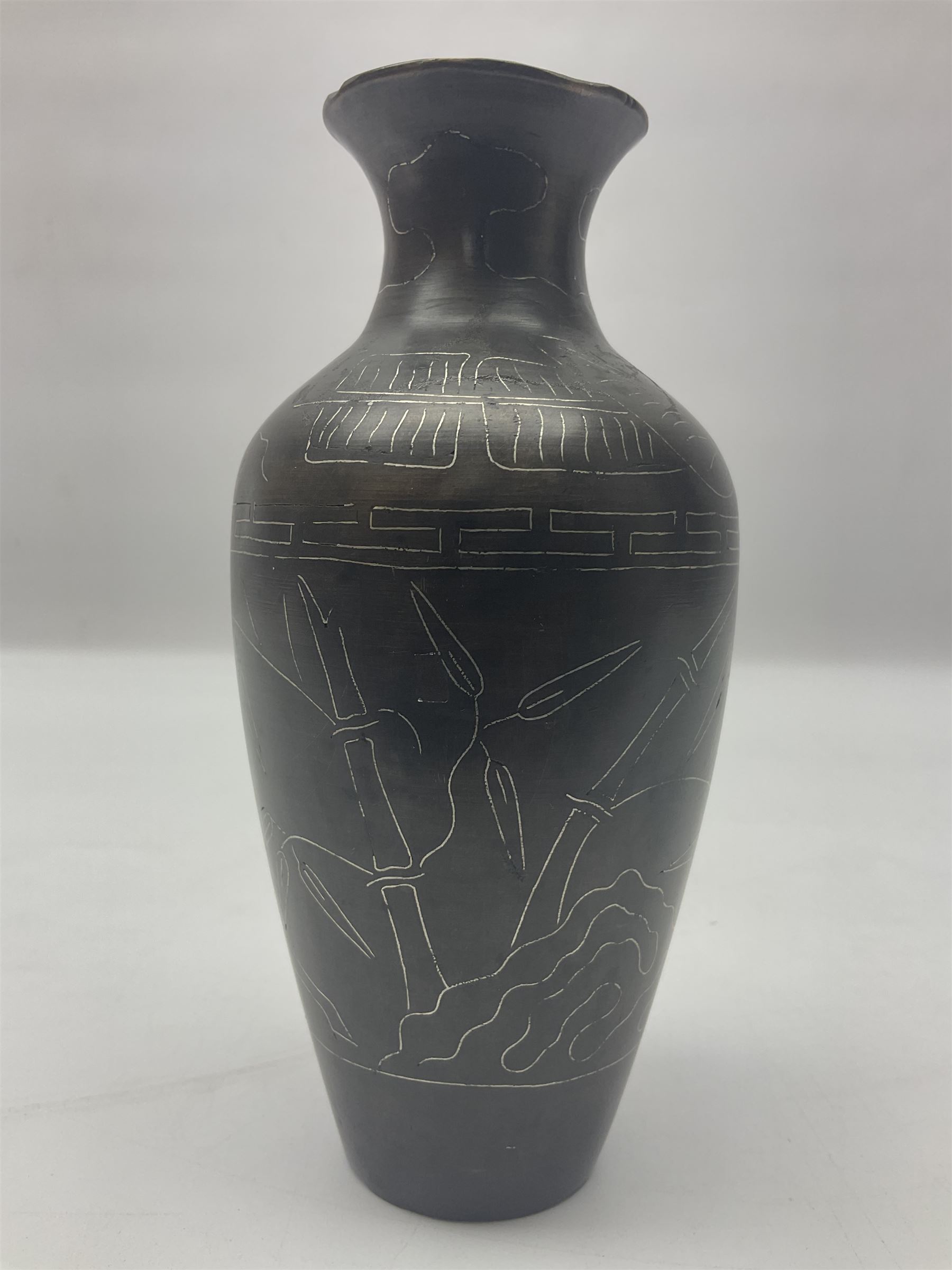 Chinese silver inlaid bronze vase, in the manner of Shisou, decorated with a fawn among bamboo, H15cm