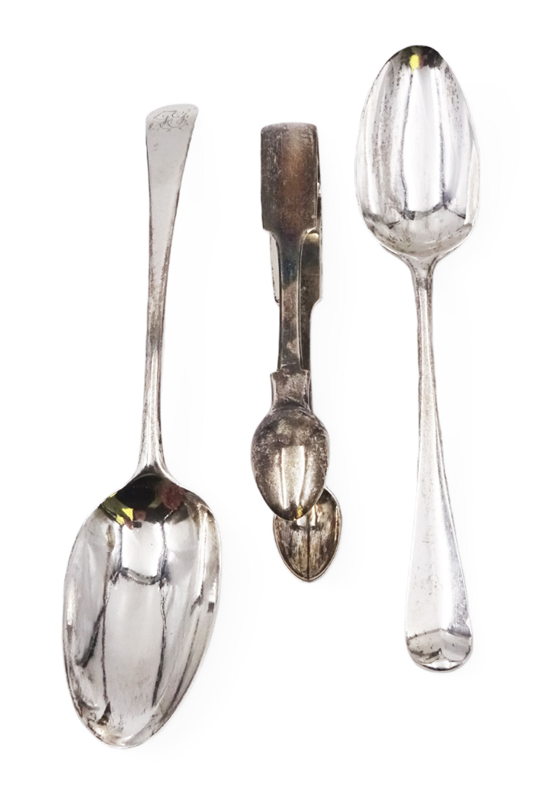 Two George III silver table spoons, including a bottom struck Hanoverian pattern example, hallmarked Thomas Dene, London 1766, and a pair of silver sugar tongs, hallmarked Newcastle 1842, maker's mark TW