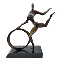 John Huggins FRBS (British 1938): 'Girl with Hoop', bronze sculpture upon black lacquered ...