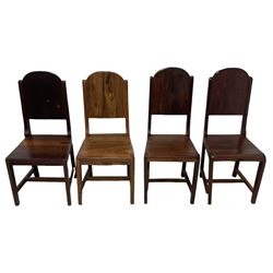 Mid-to-late 20th century teak dining table, rectangular top with canted corners, on square tapering supports with spade feet (214cm x 119cm, H76cm); and a set of eight Burmese reclaimed teak dining chairs, high arched back over panelled seat