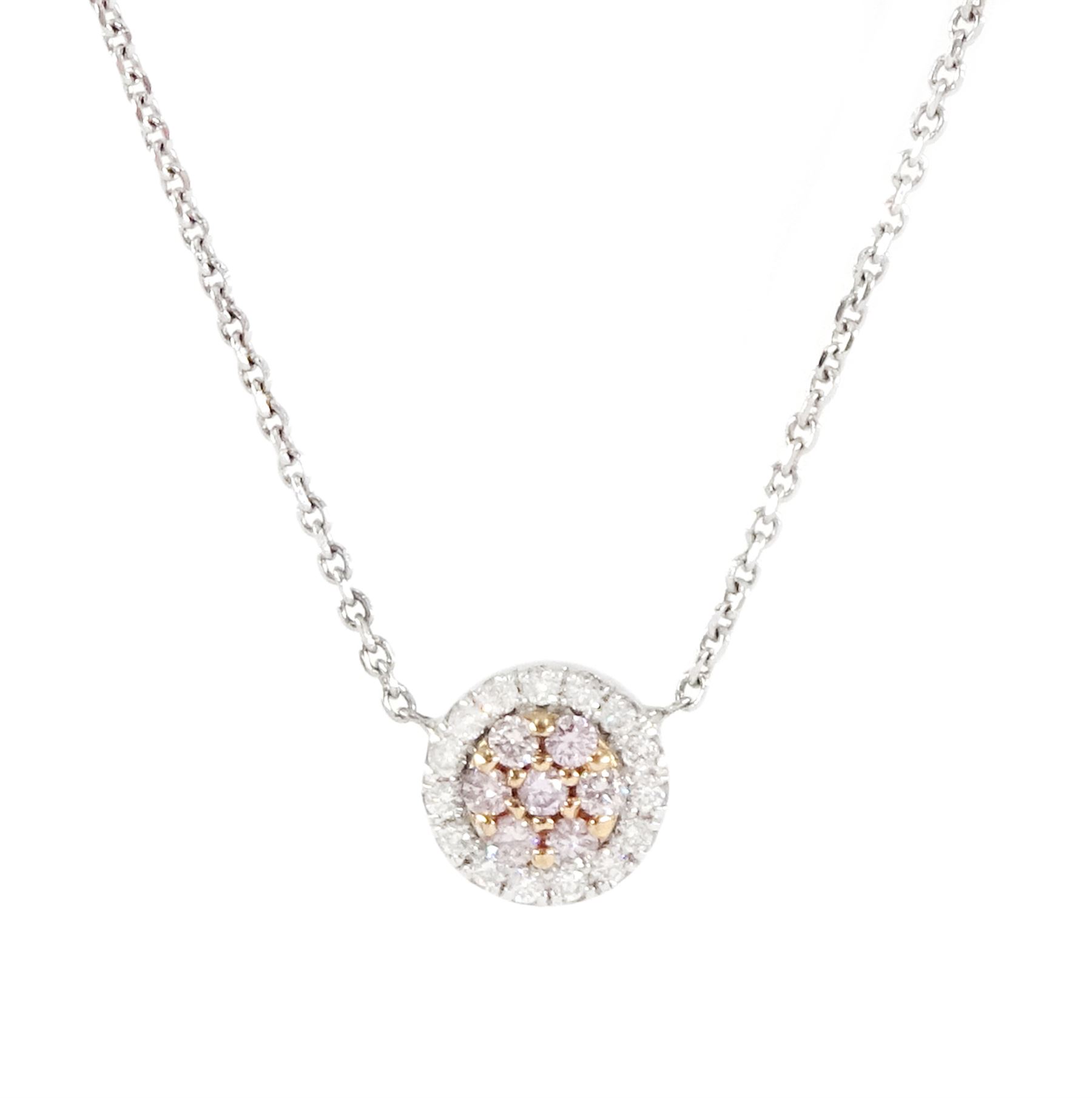 18ct white gold round brilliant cut fancy pink and white diamond cluster pendant necklace, hallmarked