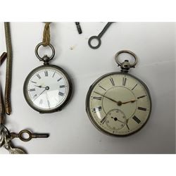 Three Victorian silver lever open face pocket watches including, cream dials with Roman numerals and subsidiary seconds dial, silver cylinder pocket watch and an 8 Jours Hebdomas pocket watch, two silver watch chains and one other chain