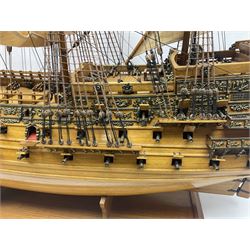 Large kit built scale model of 17th century Royal Navy warship 'HMS Sovereign of the Seas', upon wooden stand with engraved name plaque, H91cm, W111cm