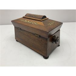 Victorian inlaid rosewood tea caddy of sarcophagus form H18cm