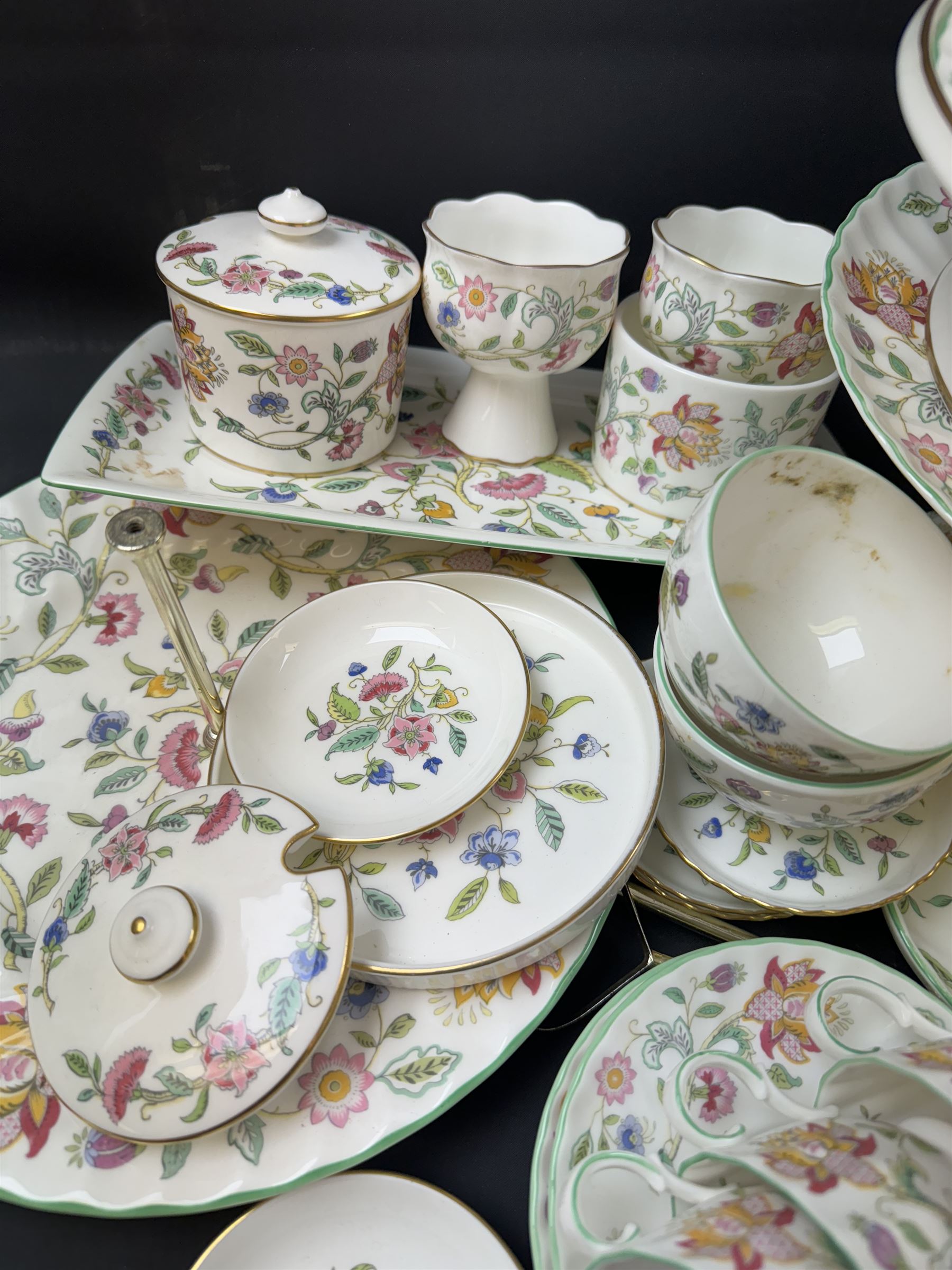 Minton Haddon Hall part tea and service, including teapot, milk jug, covered sucrier, cake stand, jardinier etc  