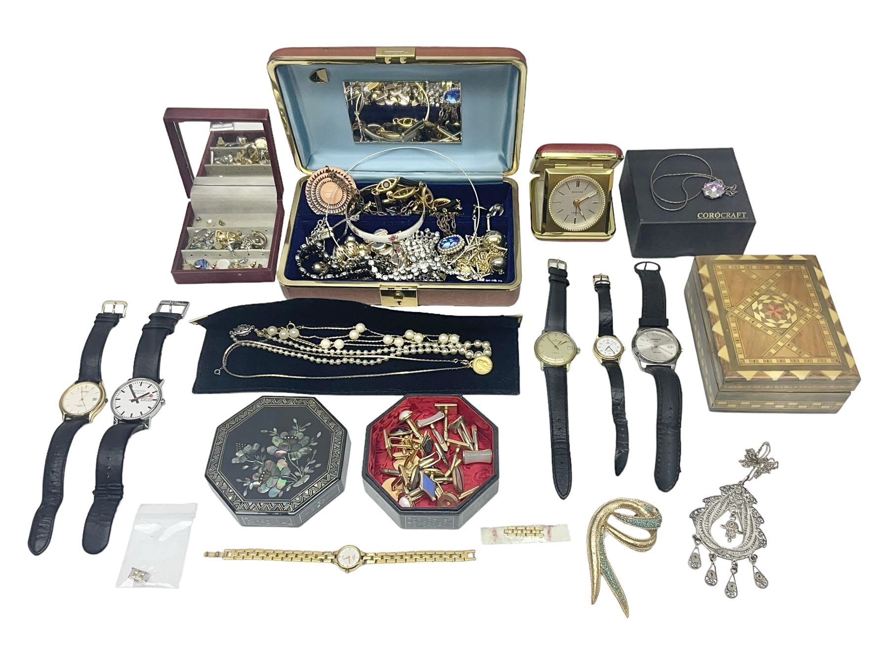 Costume jewellery including earrings, cufflinks, bracelets and necklaces, etc, and five wristwatches