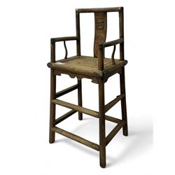 Late 19th century Chinese Qing dynasty high chair, rectangular back with central splat car...