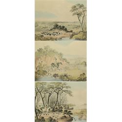 After Thomas Sutherland (British 1785-1838): 'Breaking Cover' 'Running' and 'The Death', set of three coloured engravings of hunting scenes pub. R Ackermann c1830, 25cm x 32cm (3)