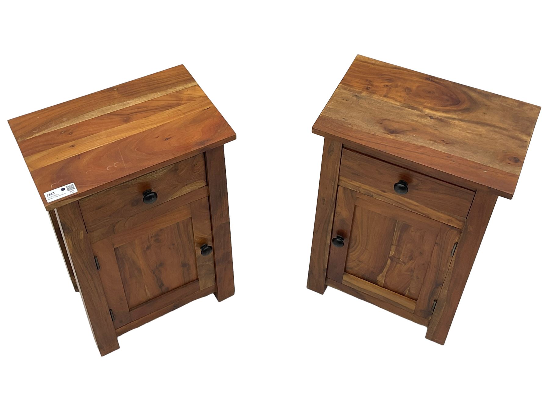 Pair of hardwood bedside cabinets, fitted with single drawer over panelled cupboard 