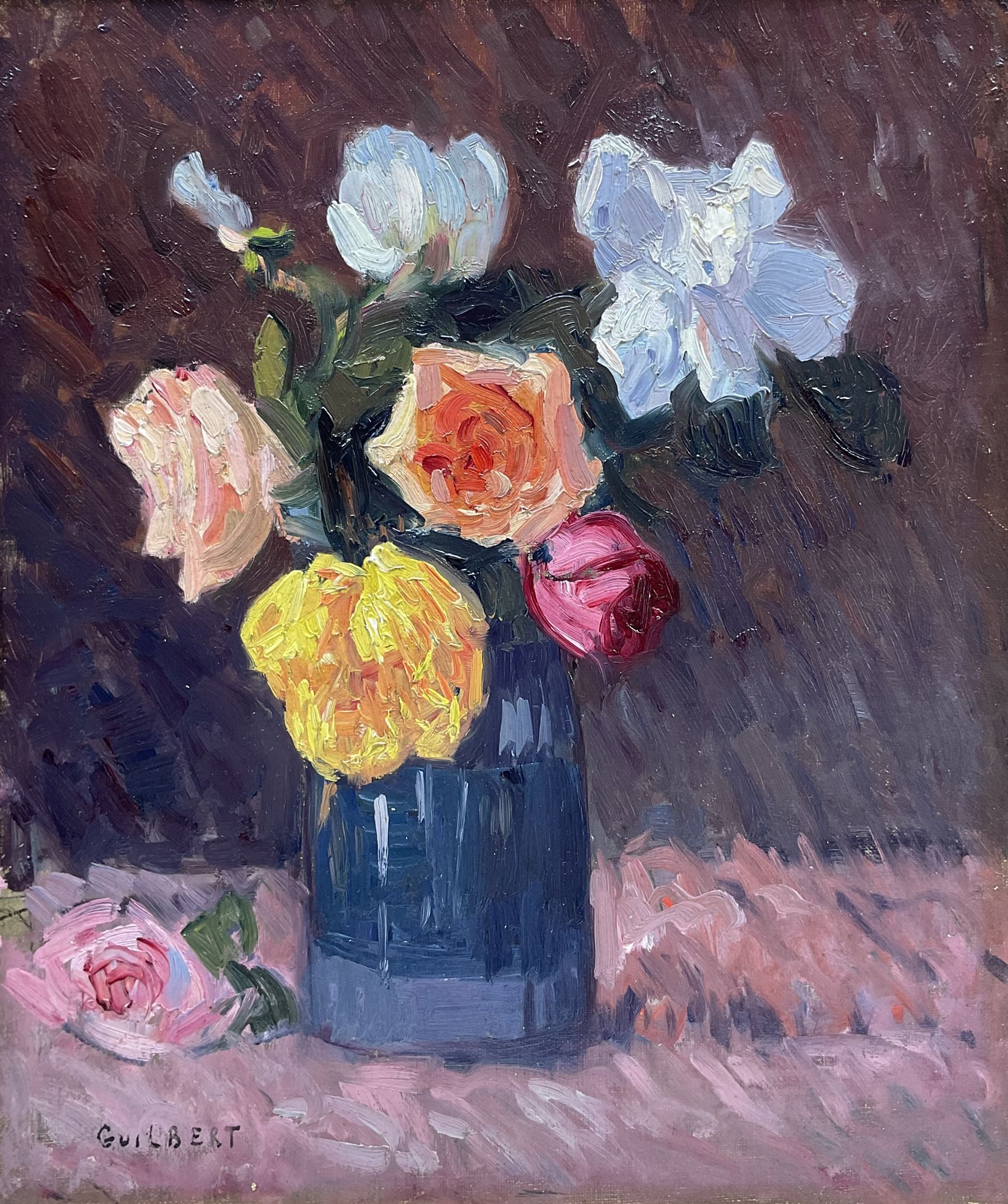 Narcisse Guilbert (French 1878-1942): Still Life of Roses, oil on canvas laid on to board signed 37cm x 31cm