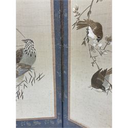 Two Oriental silk and wooden screens embroidered with birds and blossoming branches, largest H88cm 